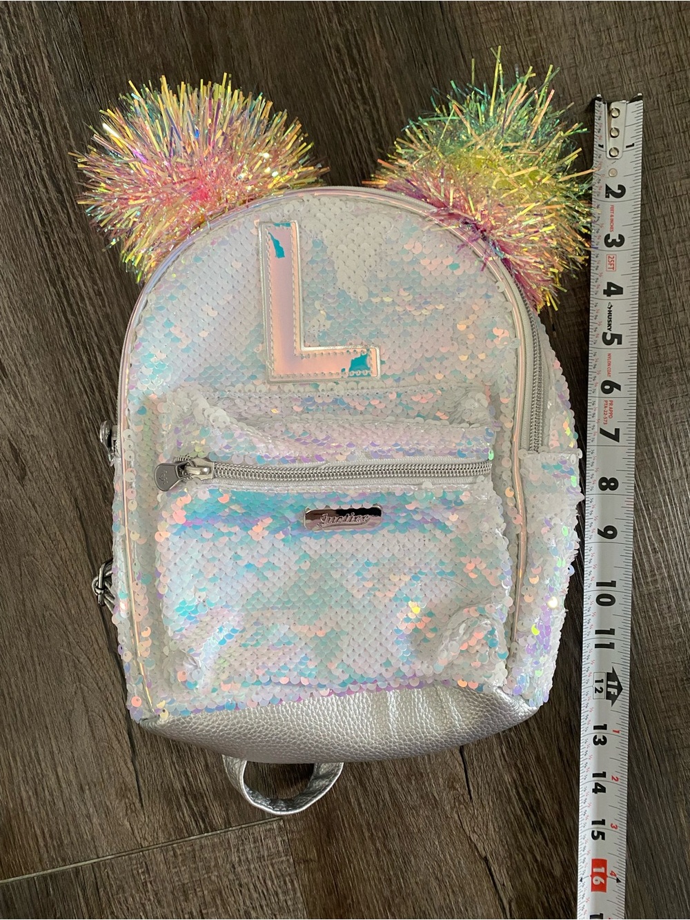 Justice Iridescent Sequin Mini Backpack with Pastel Pom Poms - White/Multicolor
